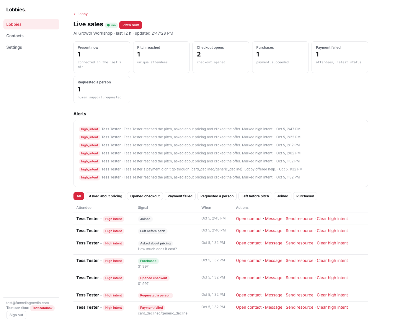 The live sales command center with counts, a live feed and actions