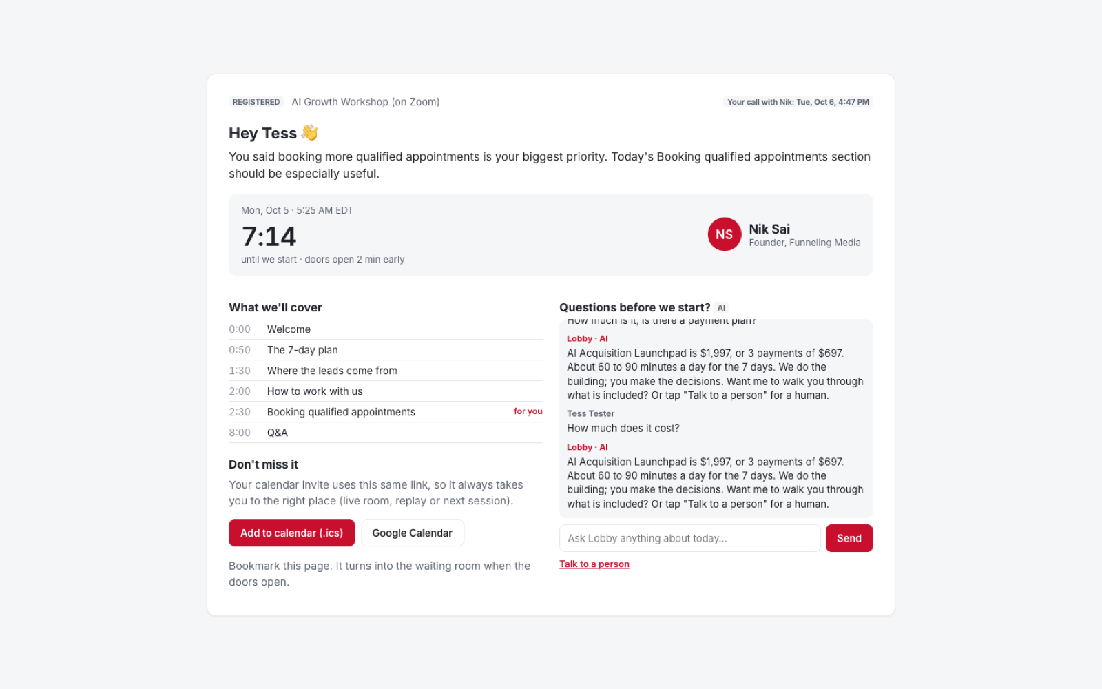 Lobby answering a question about payment plans in the private chat
