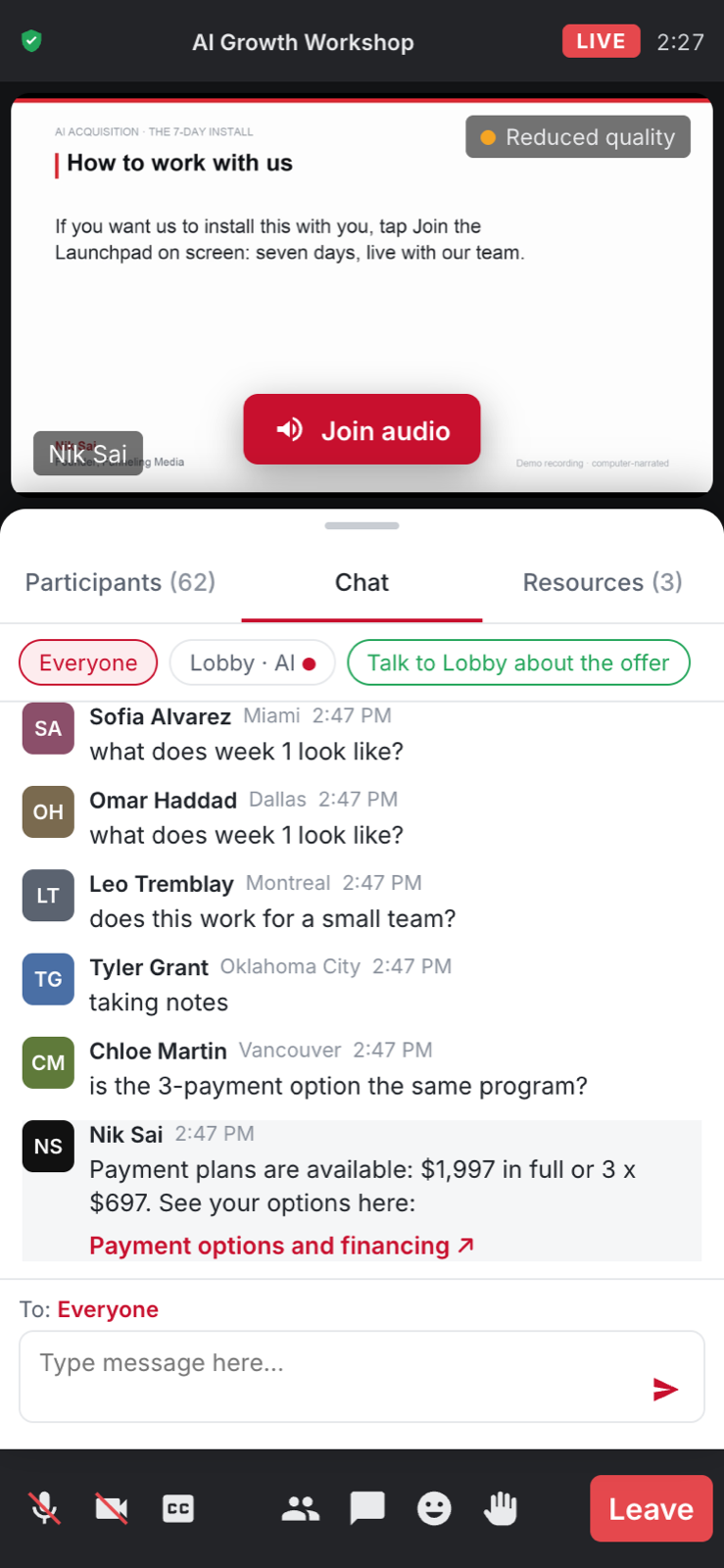 The room on a phone, with chat and the offer in a bottom sheet